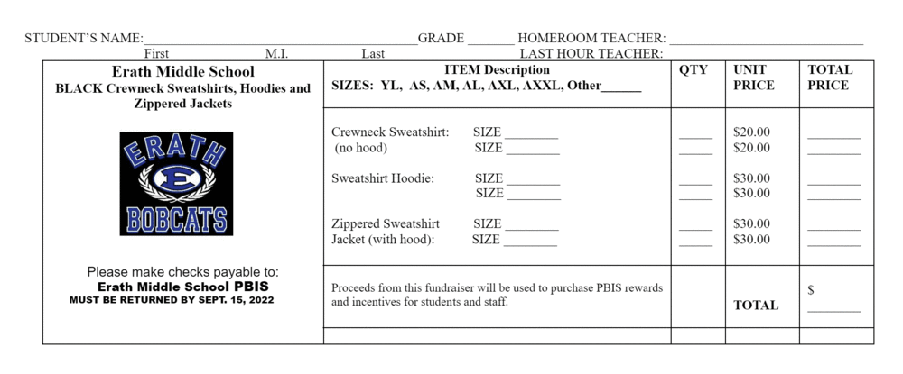 Sweatshirt Order Form