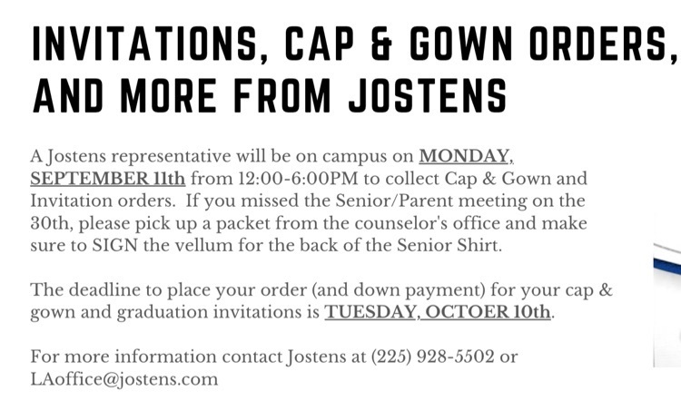 Reminder: A representative from Jostens will be on campus today during lunch and until 6PM tonight to collect cap and down orders and graduation invitation orders.