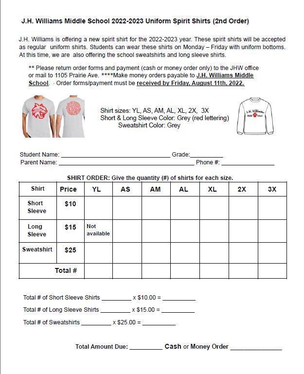 ​J.H. Williams Middle School 2022-2023 Uniform Spirit Shirts (2nd Order)