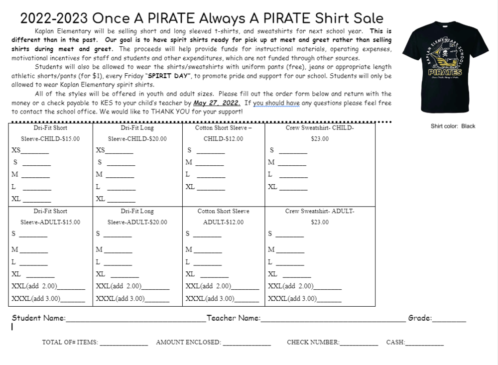 2022-2023 Spirit Shirt Order Form