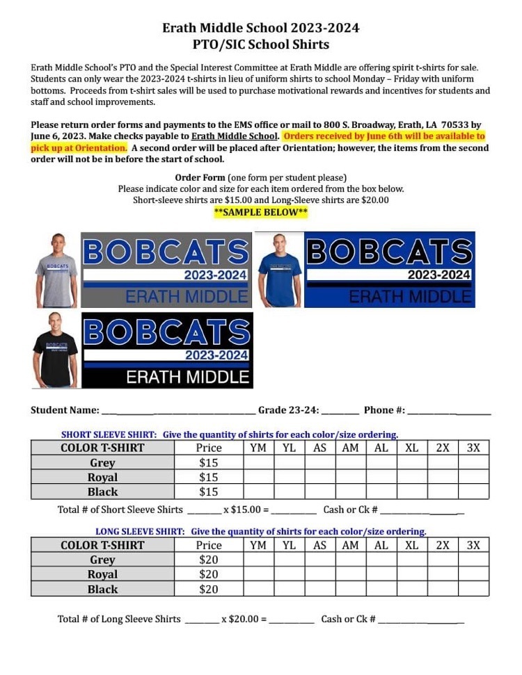 Please see the attached form for the 2023-2024 School Year T-shirts.  Orders are due by June 6, 2023 in the EMS office.