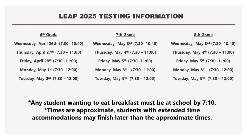 Spring LEAP Testing Dates and Times