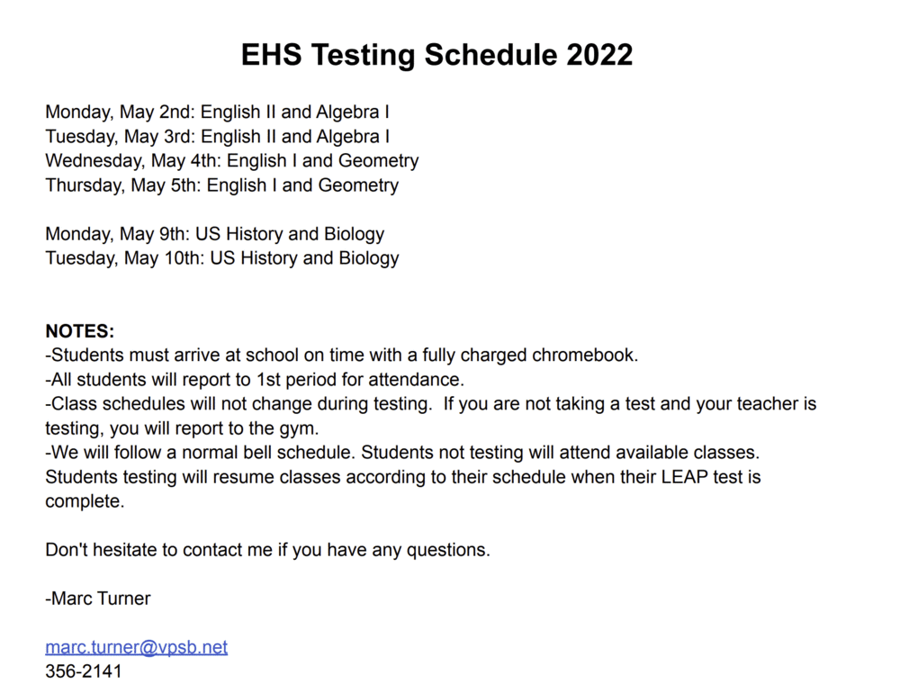 EHS Testing Schedule 