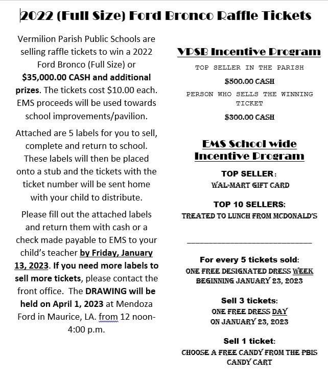 EMS has begun their car raffle ticket sales.  A flyer and labels have been sent home with your student.  Please see flyer for details.