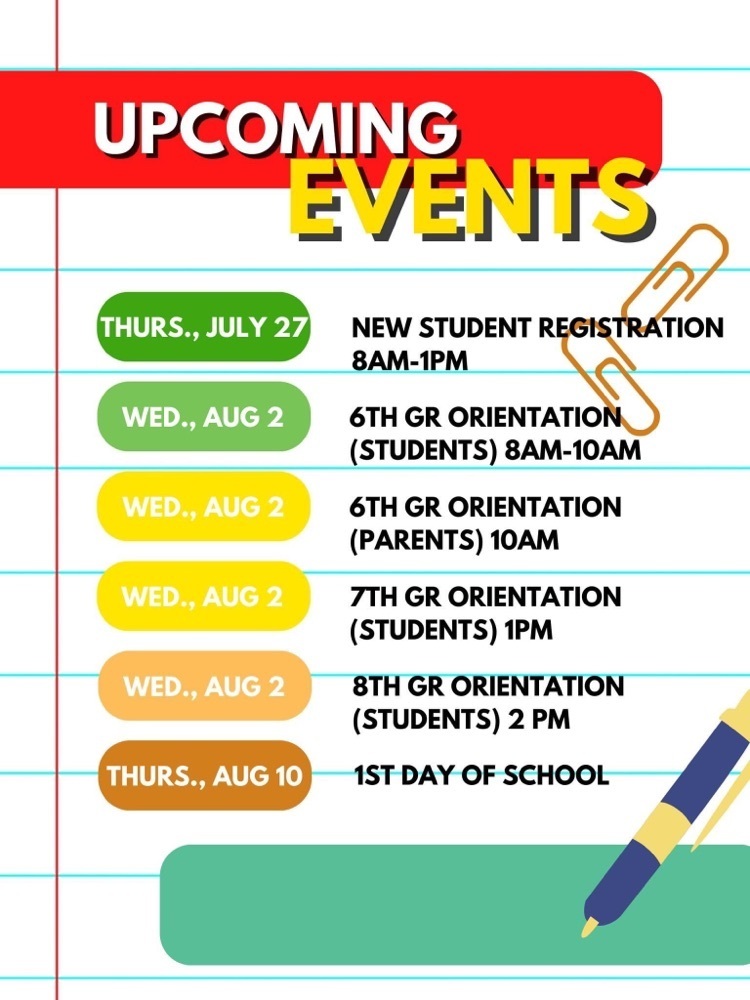 Upcoming Events for Beginning of School