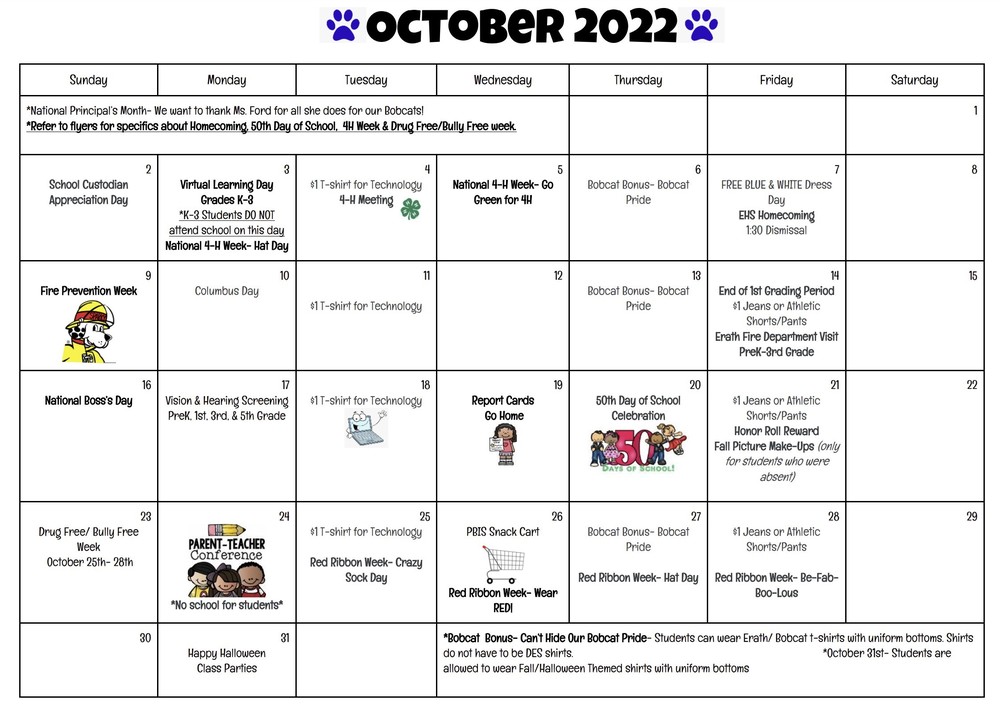 Dozier Elementary October Dates!