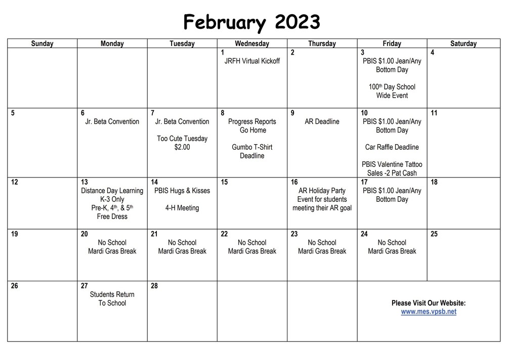 ​Meaux Elementary February Calendar