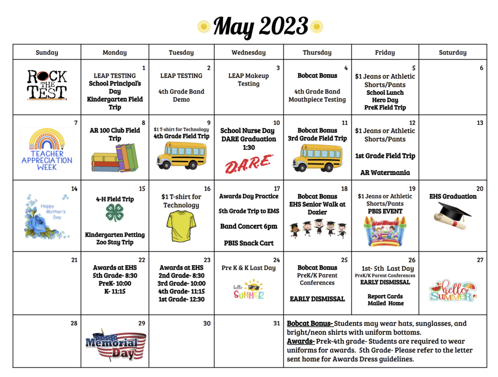 Dozier Elementary May Dates 2023