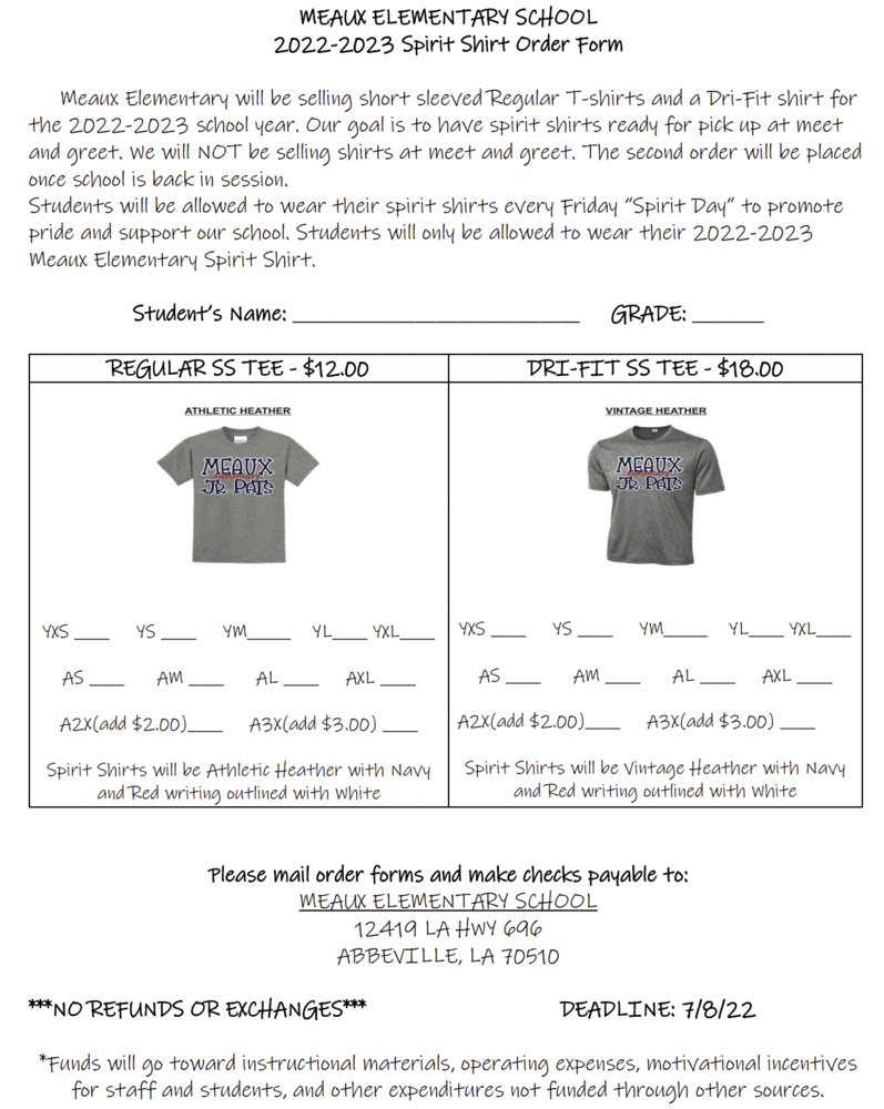 2022-2023 Tshirt Order Form! | Meaux Elementary
