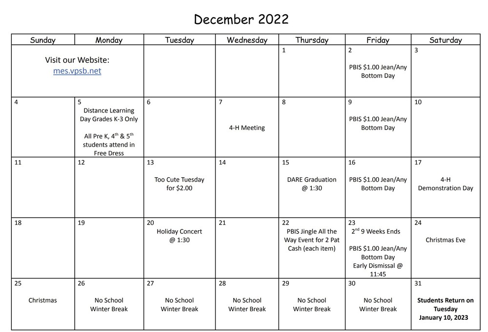 Meaux Elementary December Dates