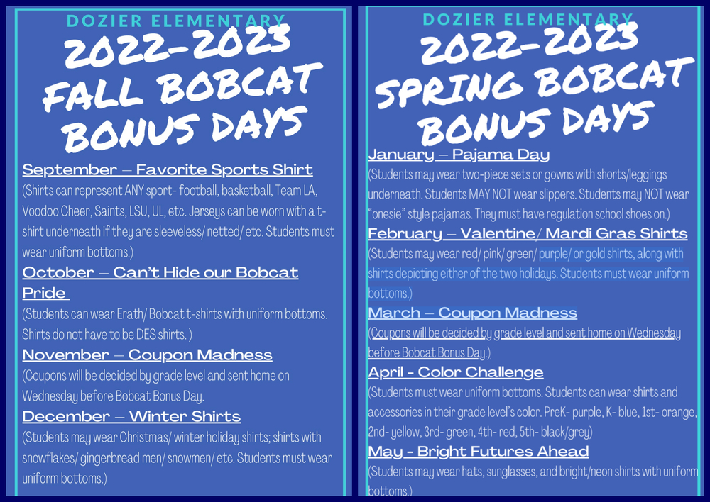 2022-2023 PBIS Bobcat Bonus Days