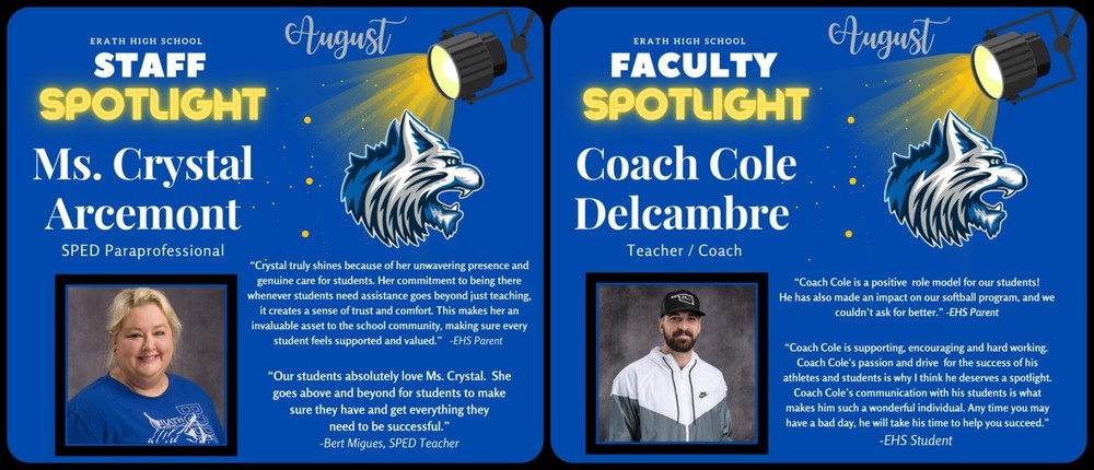 Our August Faculty and Staff Spotlight! Congratulations to Ms. Crystal and Coach Cole!