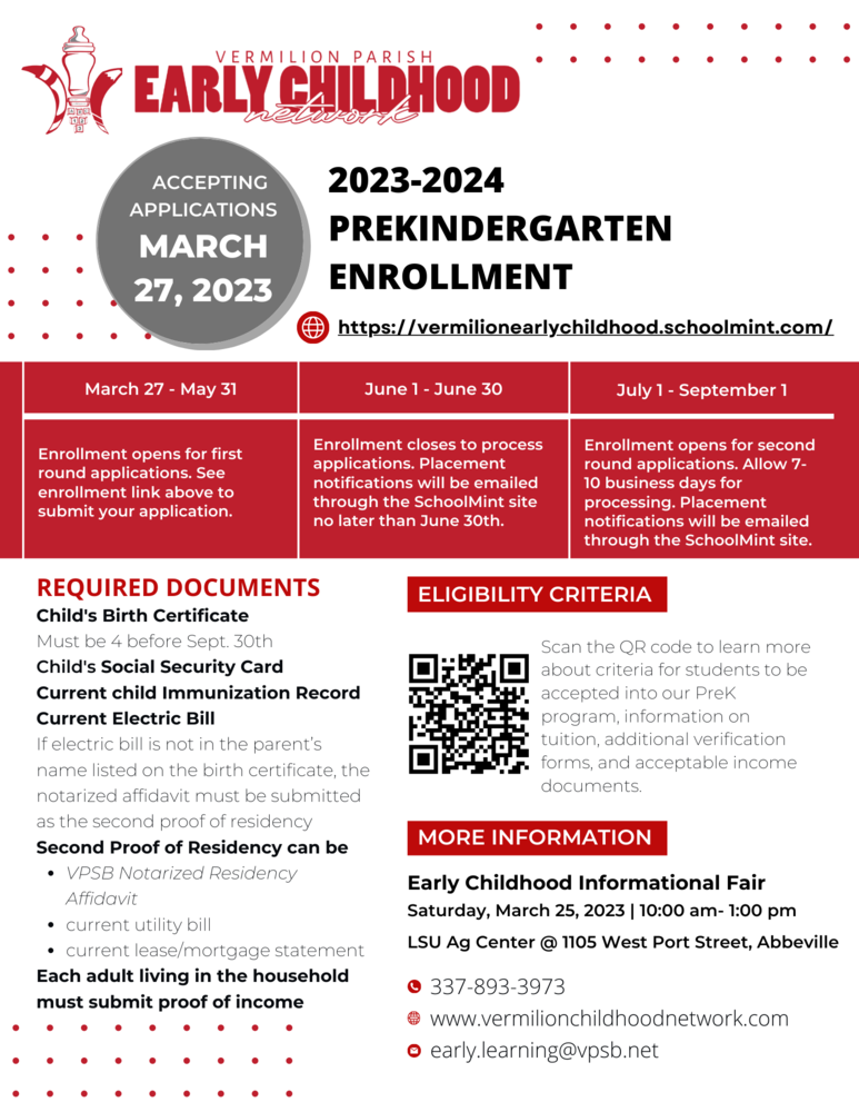 PreK and Early Childhood Registration 20232024 Kaplan Elementary