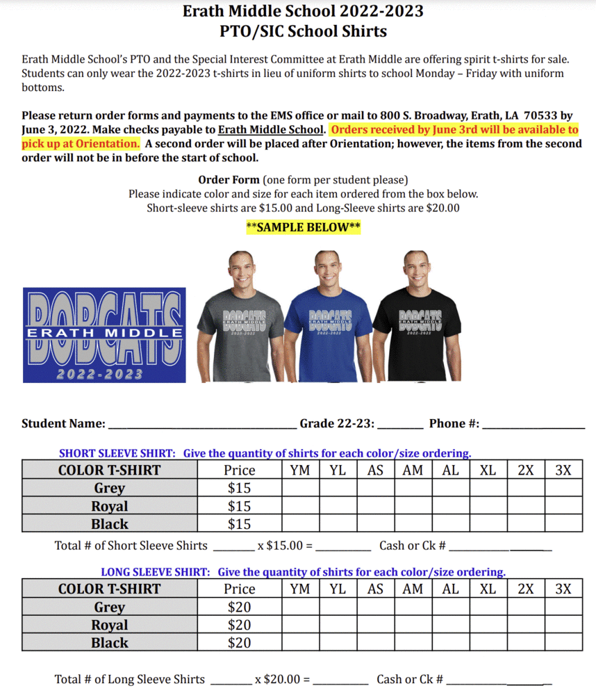 Erath Middle School 2022-2023 PTO/SIC School Shirts