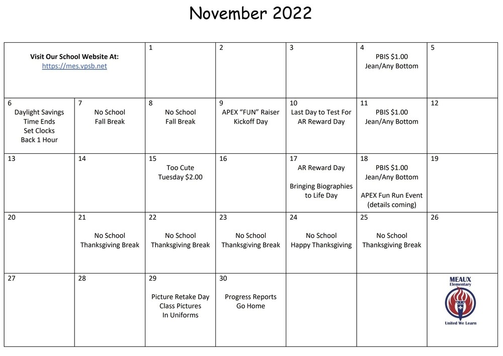 ​Meaux Elementary November Dates 2022