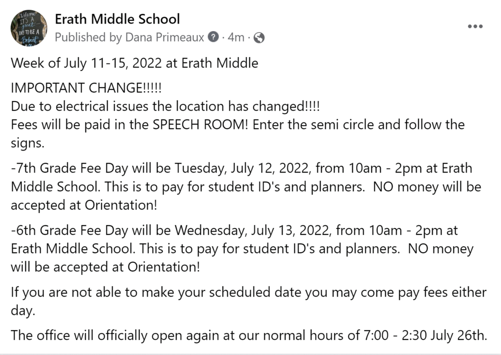 IMPORTANT CHANGE FOR FEE LOCATION