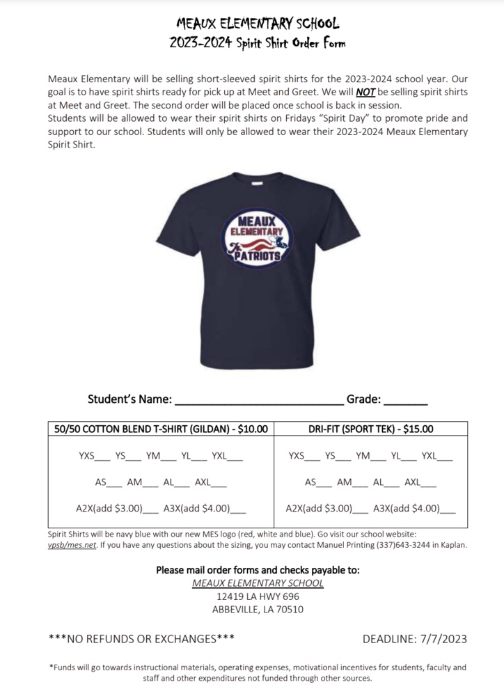 2023-2024 Spirit Shirt Order Form | Meaux Elementary