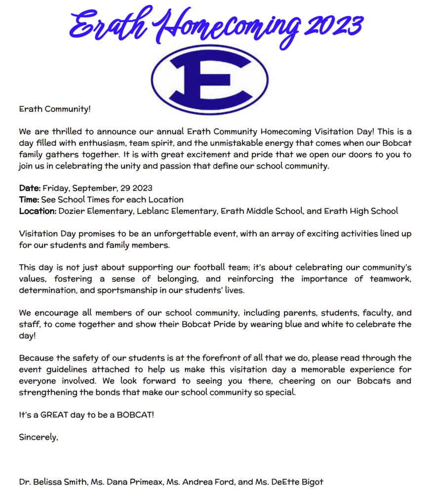 Erath Homecoming 2023 (See 2 pages attached below)