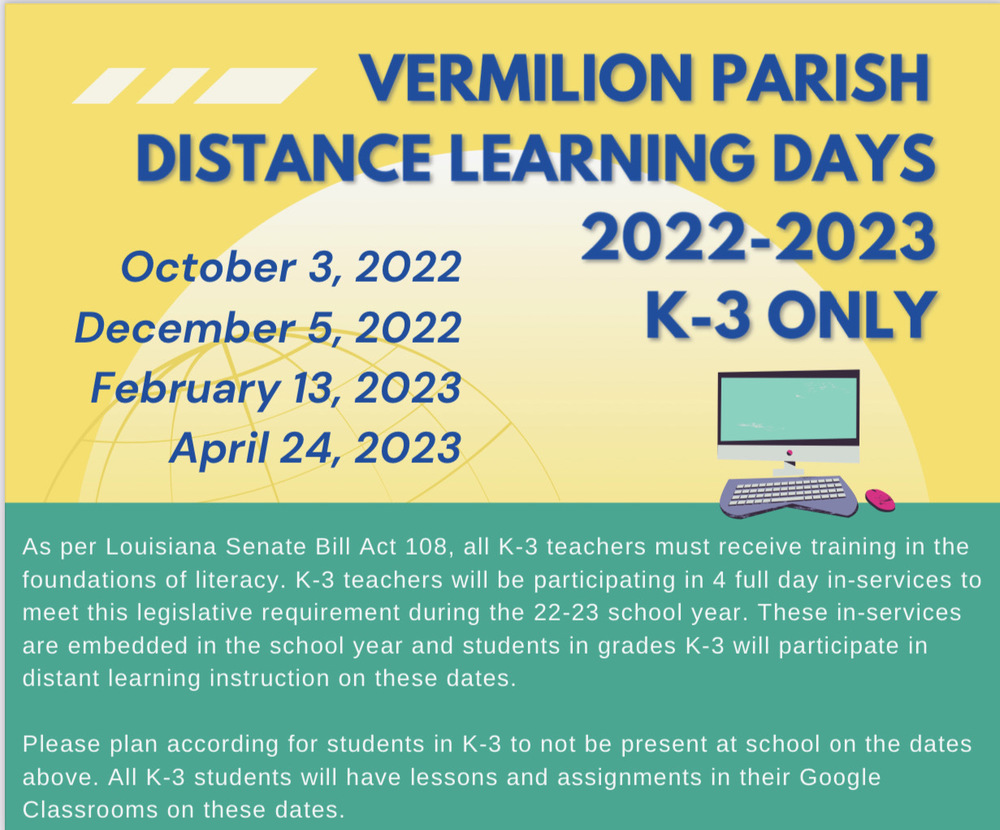 ​Distance Learning Days for 2022-2023 (K-3 Only) UPDATED