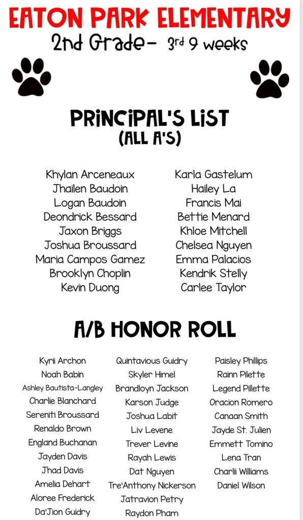 2nd grade Honor Roll 3rd 9 weeks 