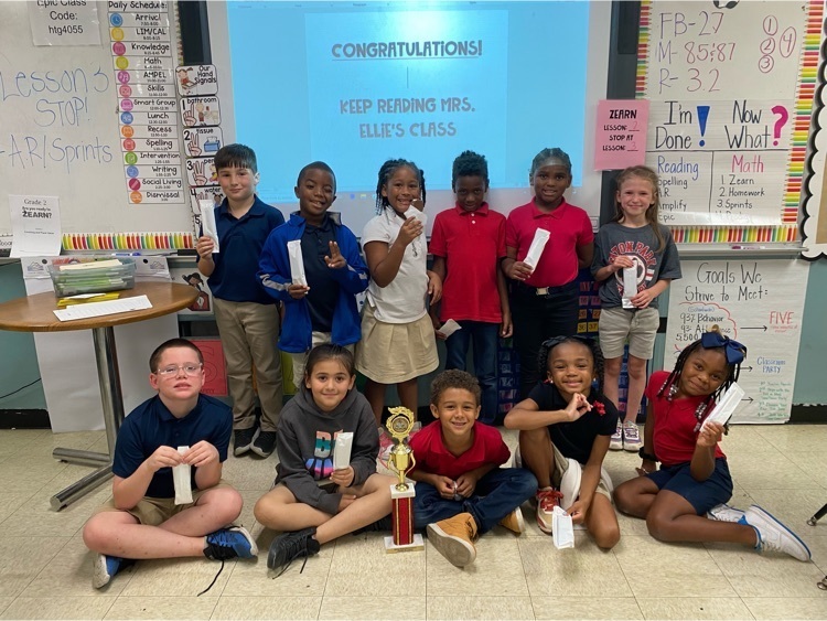 Mrs. Ellie’s class celebrating winning the A.R TROPHY for the month of August! 