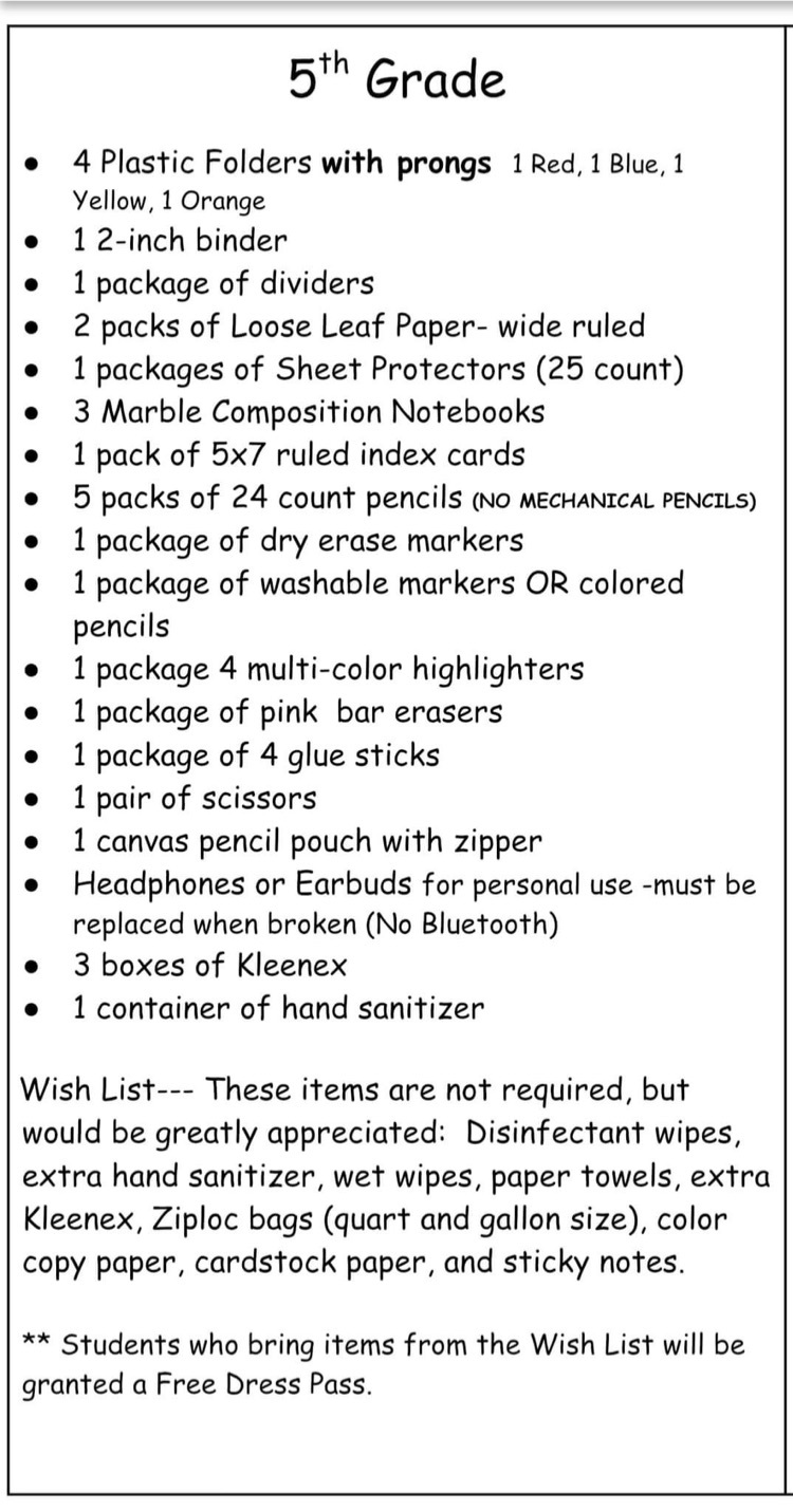 5th grade Supply List
