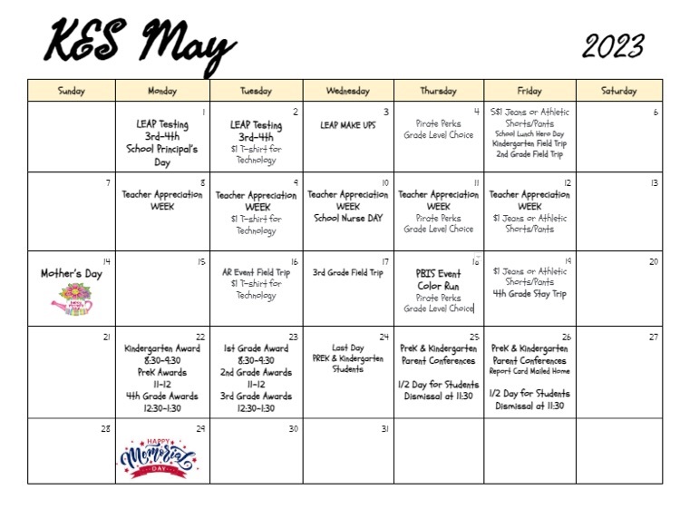 KES May Calendar