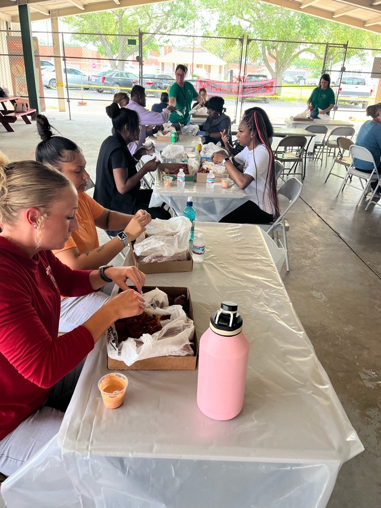 Enjoying their crawfish! 